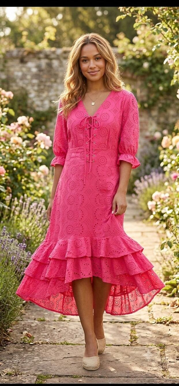 Ivy City Red Cotton Tiered Ruffle Midi Dress US 14